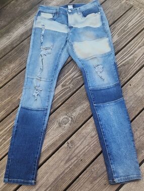 VENUS Blue Denim Patchwork Jeans with Fade Detail Size 4
